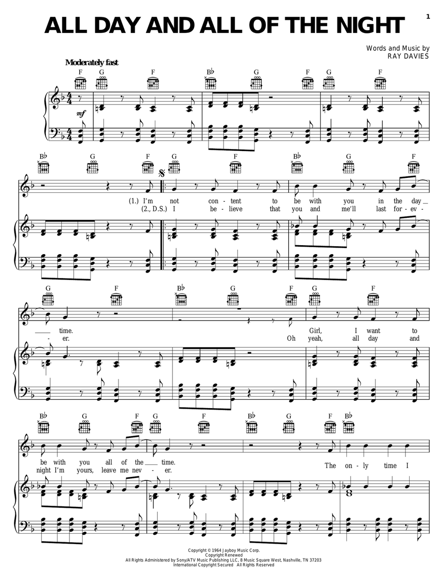 All Day And All Of The Night Piano, Vocal, Guitar scores gallery preview page 1