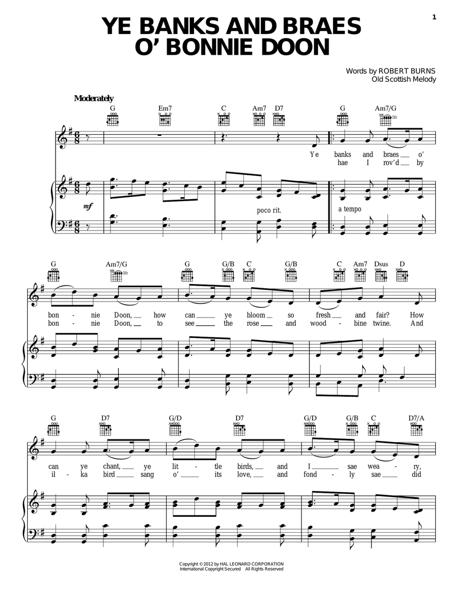 Ye Banks And Braes O' Bonnie Doon Piano, Vocal, Guitar scores gallery preview page 1