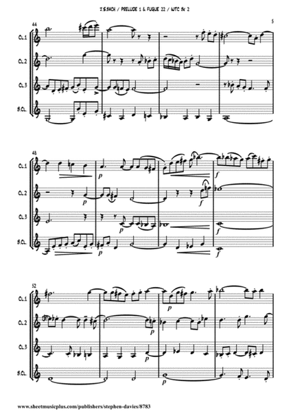 Prelude No.1 & Fugue No.22 from The Well-Tempered Clavier Book 2 by J.S.Bach for Clarinet Quartet image number null