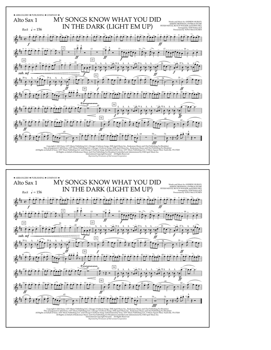 My Songs Know What You Did in the Dark (Light 'Em Up) - Alto Sax 1 Marching Band scores gallery preview page 1