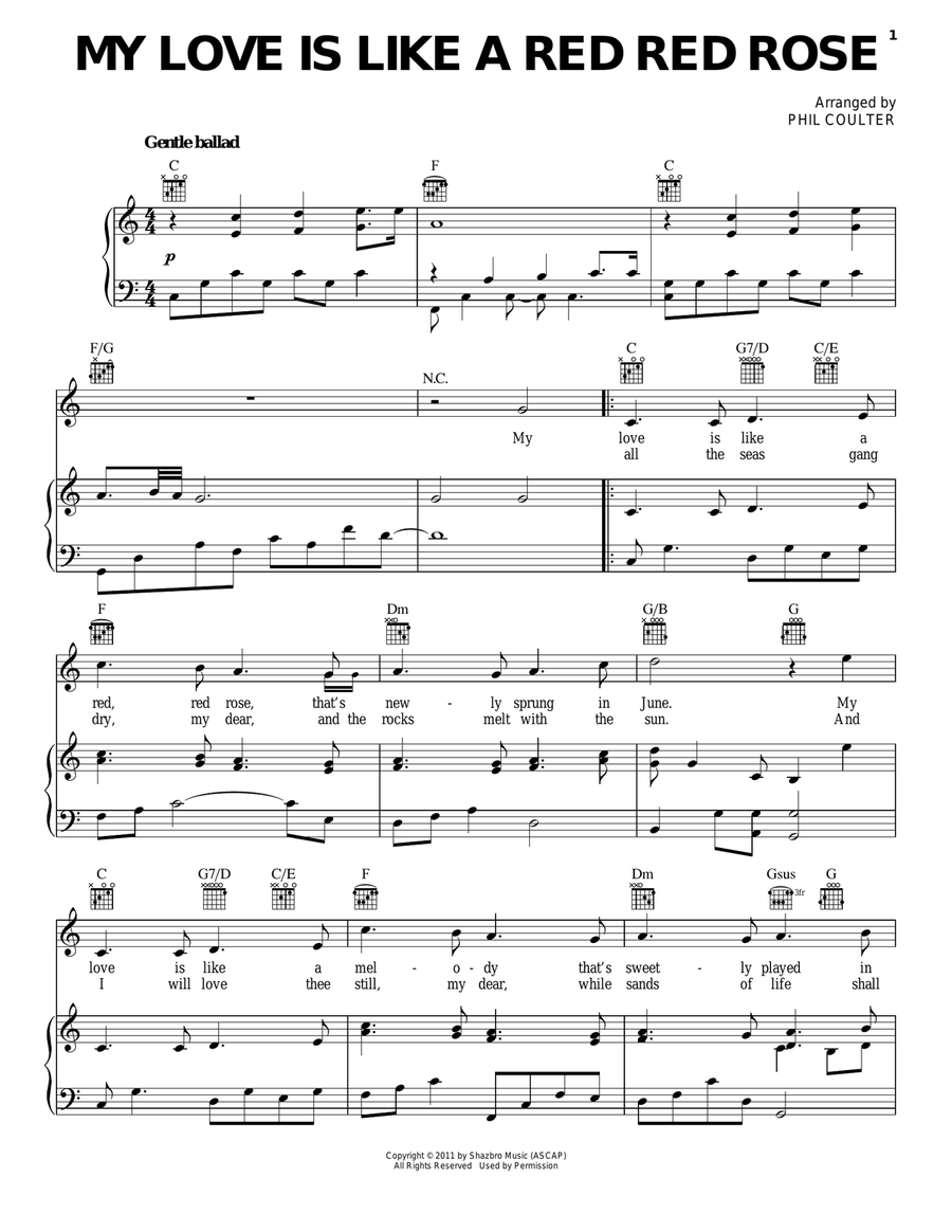 My Love Is Like A Red Red Rose Piano, Vocal, Guitar scores gallery preview page 1