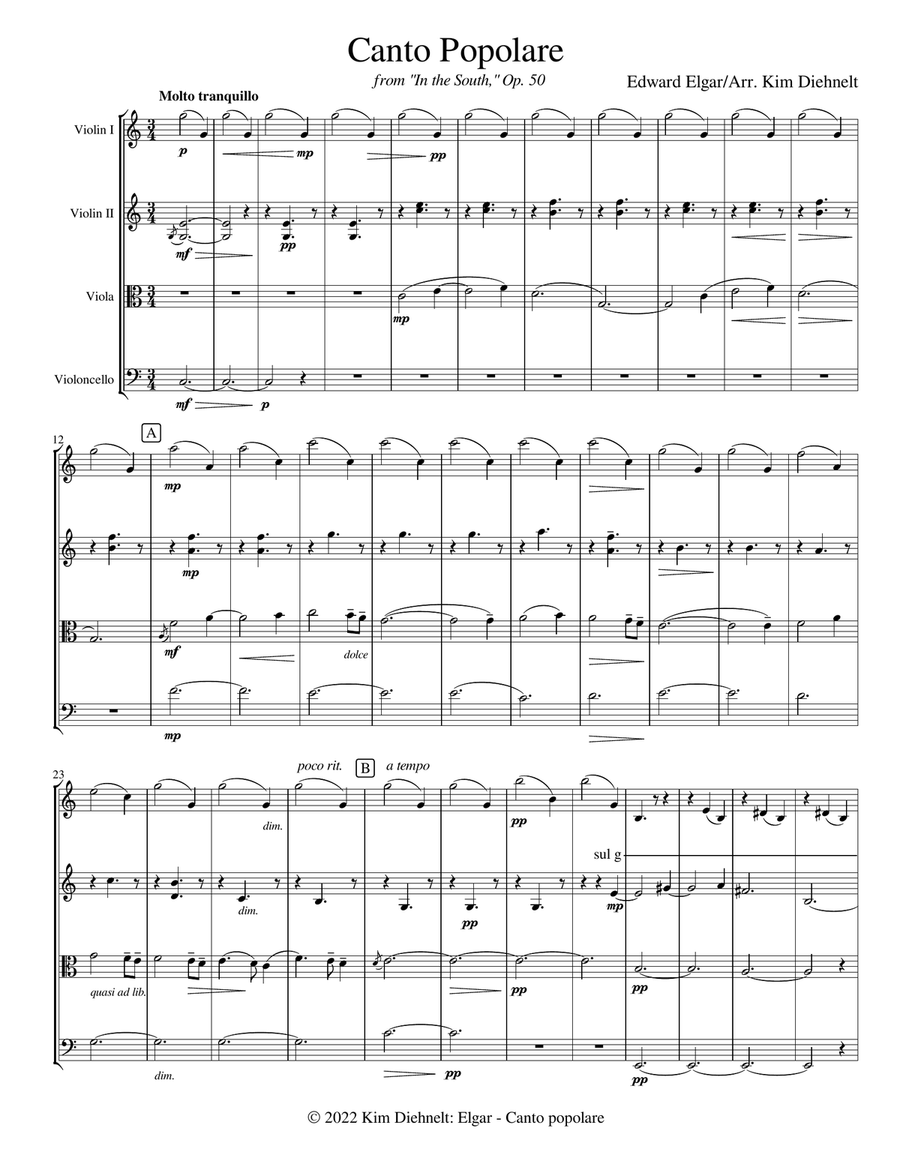 Elgar: Canto Popolare (Arr. Diehnelt, for String Quartet) String Quartet scores gallery preview page 2
