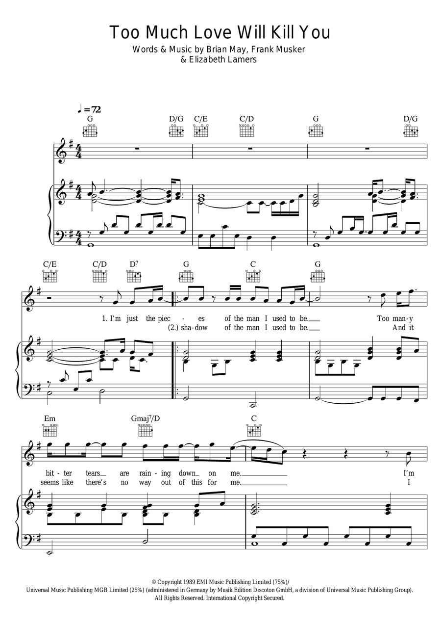 Too Much Love Will Kill You Piano, Vocal scores gallery preview page 1