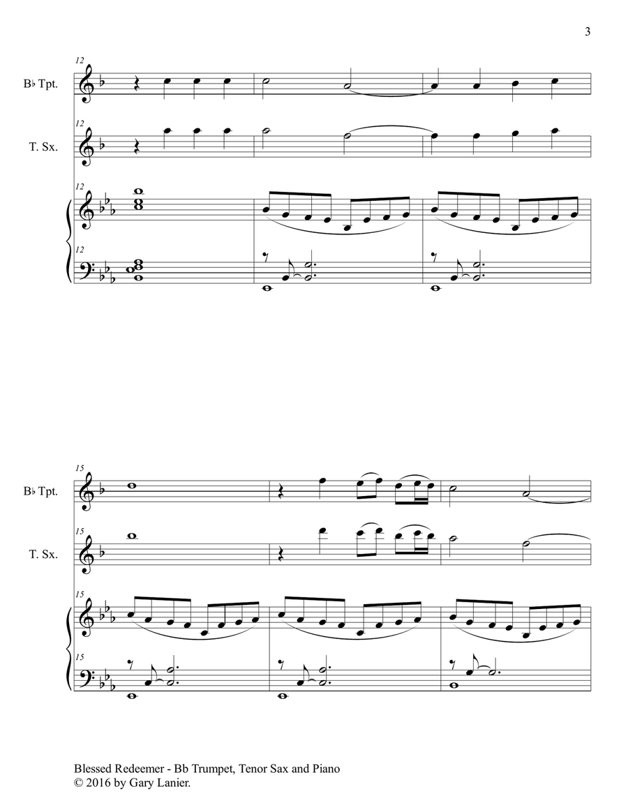 BLESSED REDEEMER (Trio – Bb Trumpet, Tenor Sax & Piano with Score/Parts) Tenor Saxophone scores gallery preview page 4