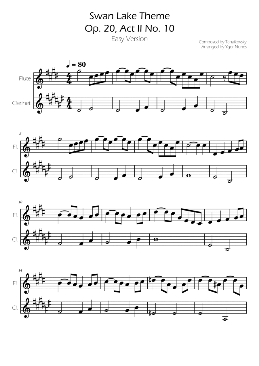 Swan Lake (theme) - Tchaikovsky - Flute and Clarinet Duet Woodwind Duet scores gallery preview page 1