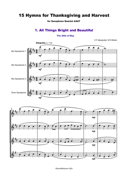 15 Favourite Hymns for Thanksgiving and Harvest for Saxophone Quartet AAAT