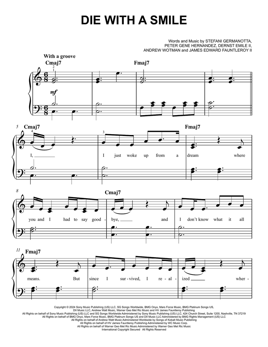 Die With A Smile Easy Piano scores gallery preview page 1