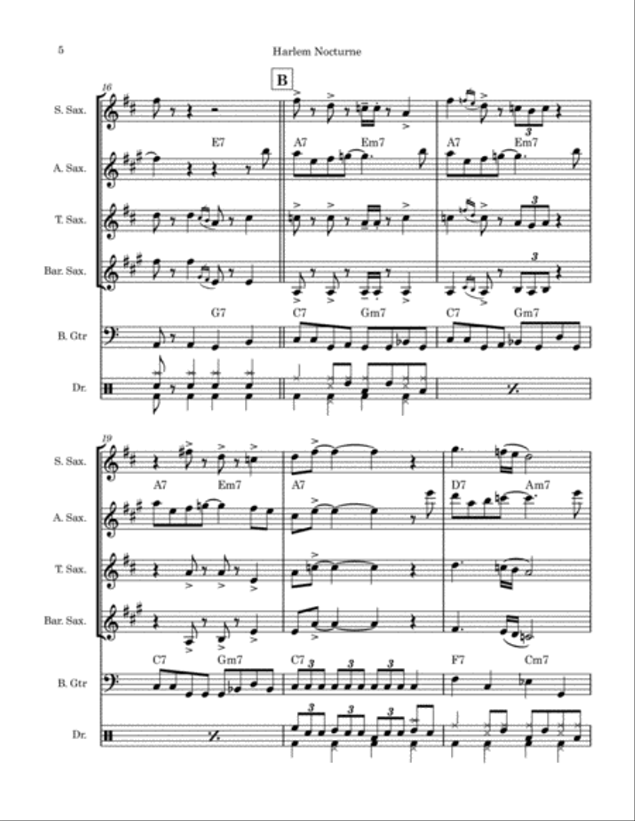 Harlem Nocturne Saxophone Quartet scores gallery preview page 5