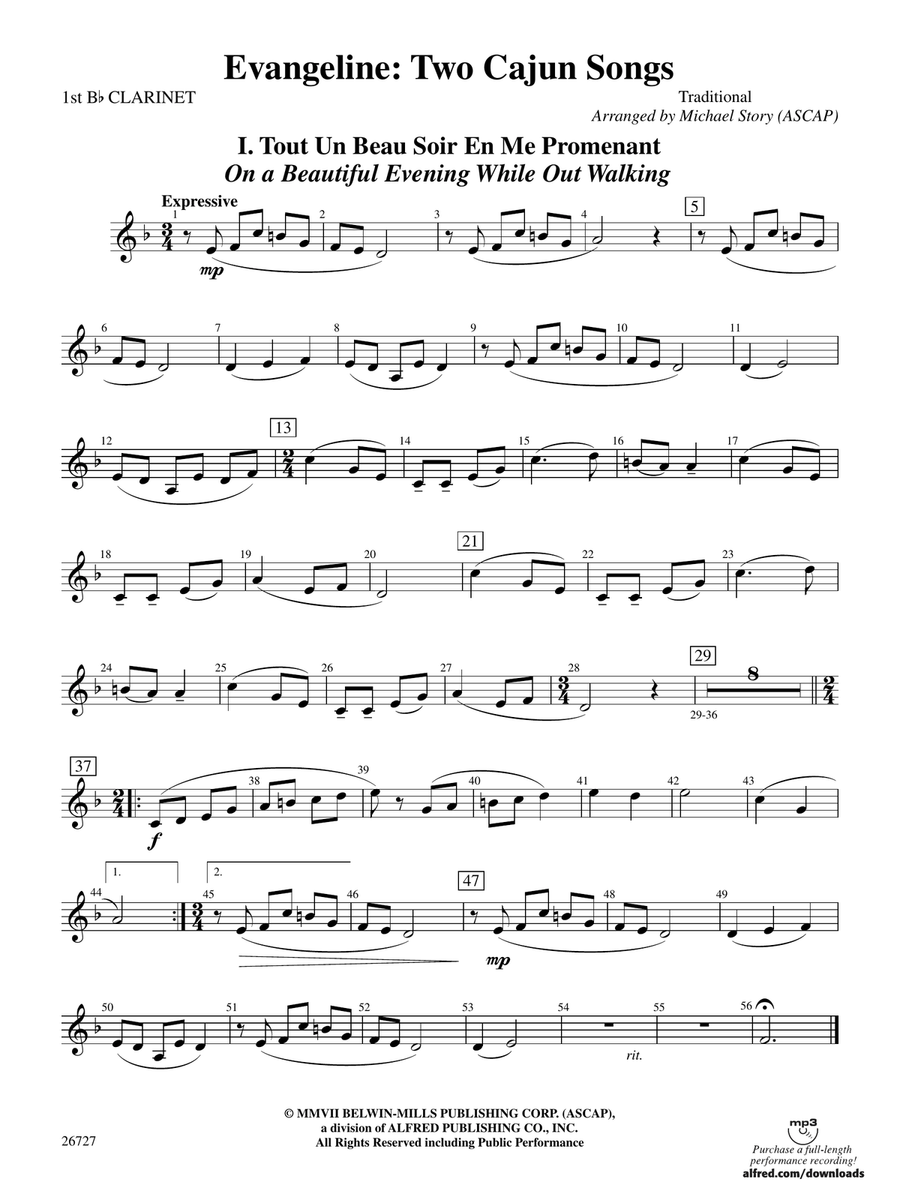Evangeline: Two Cajun Songs: 1st B-flat Clarinet