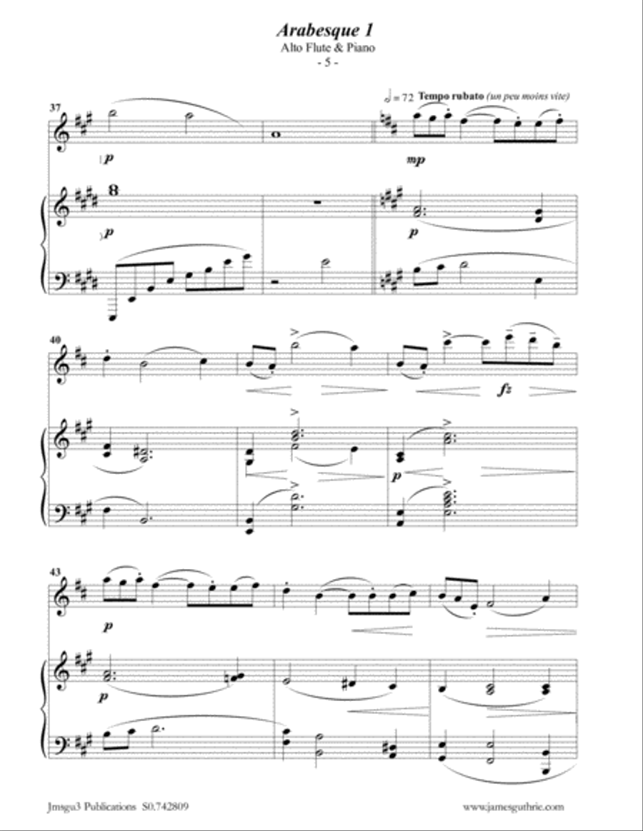 Debussy: Two Arabesques for Alto Flute & Piano Flute Solo scores gallery preview page 5
