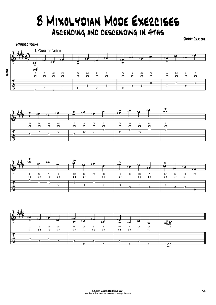 B Mixolydian Mode Exercises - Ascending and Descending in 4ths Acoustic Guitar scores gallery preview page 1