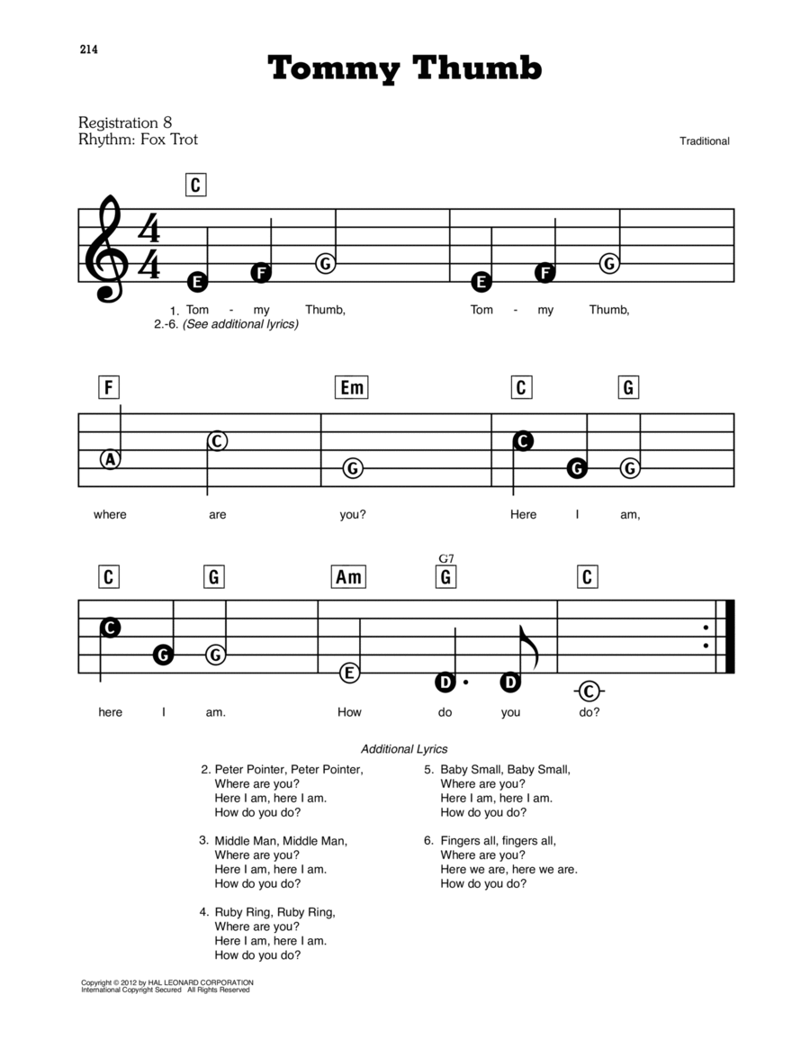 Tommy Thumb Electronic Keyboard Digital Sheet Music Sheet