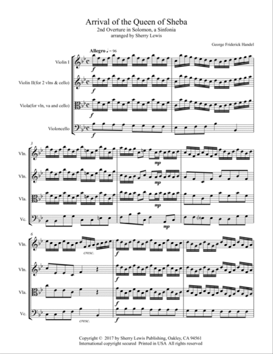 ARRIVAL OF THE QUEEN OF SHEBA String Quartet, Intermediate Level for 2 violins, viola and cello image number null