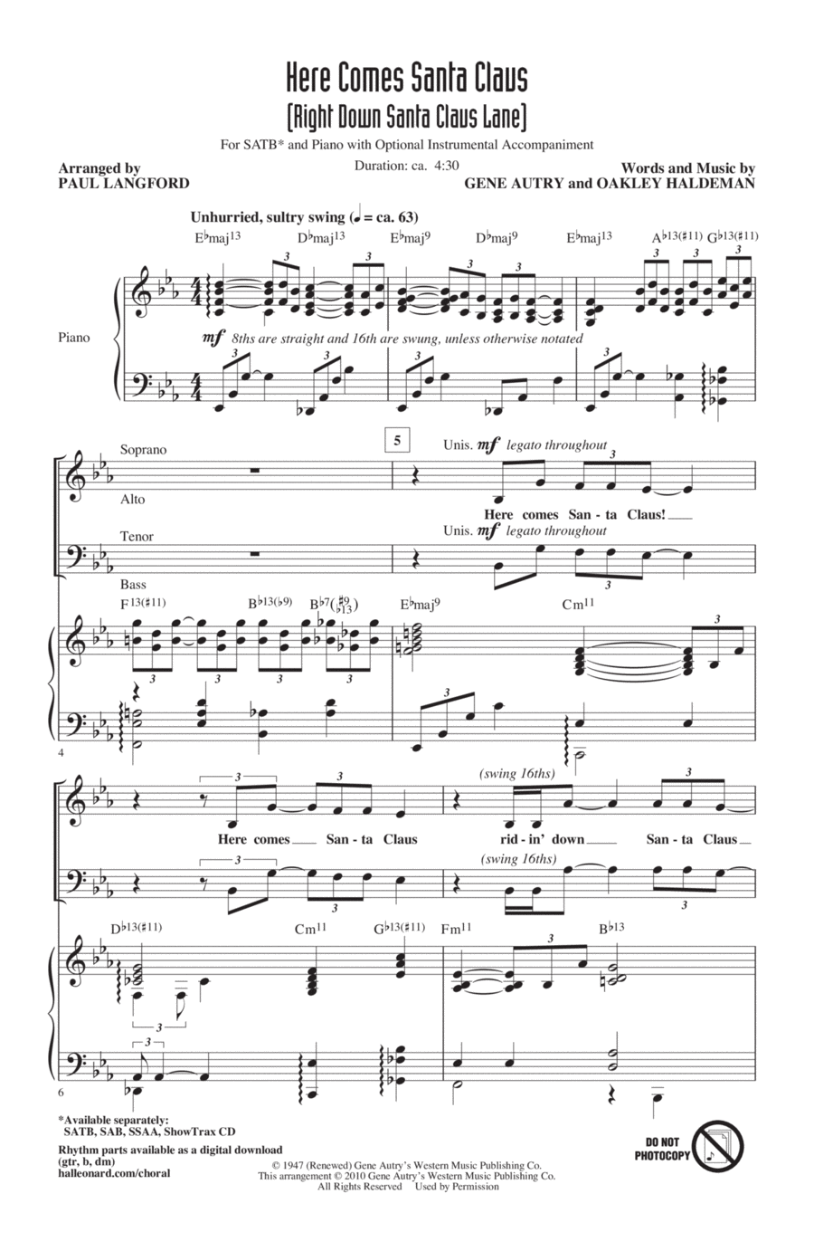 Here Comes Santa Claus (Right Down Santa Claus Lane) 4-Part scores gallery preview page 1