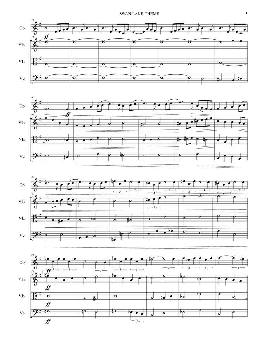 SWAN LAKE THEME - Tchaikovsky - Arr. for Oboe and String Trio Small Ensemble scores gallery preview page 3