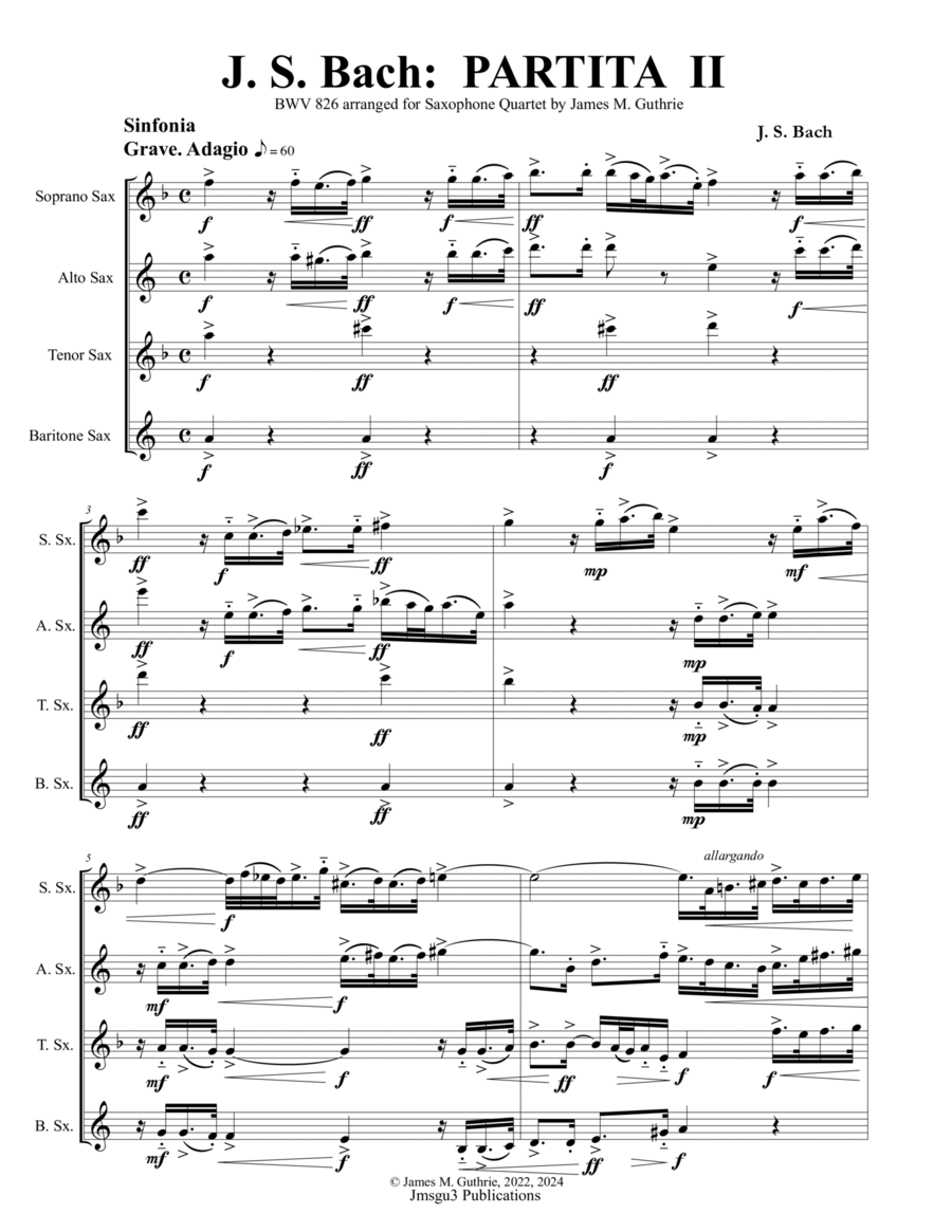 Bach: Partita No. 2 BWV 826 for Saxophone Quartet image number null