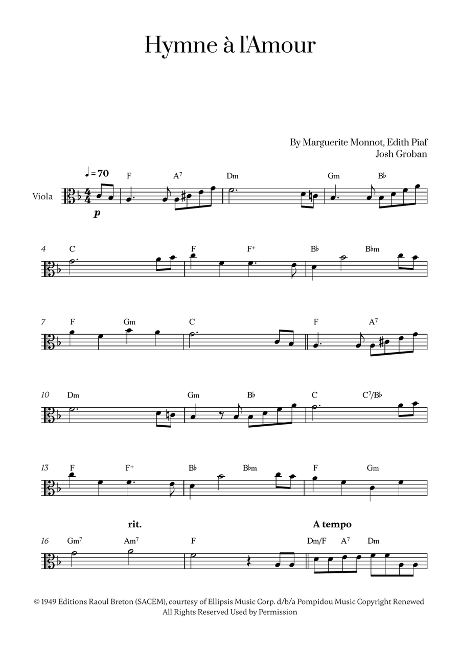 Hymne A L'amour Hymne A L'amour Viola Solo scores gallery preview page 1