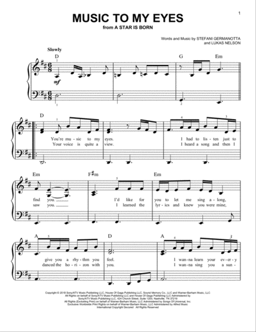 Music To My Eyes (from A Star Is Born) Easy Piano scores gallery preview page 1