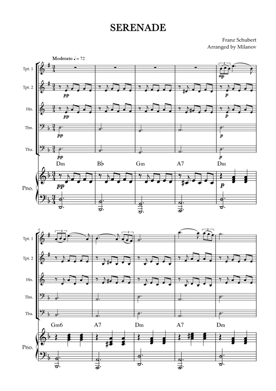 Serenade | Schubert | Brass Quintet | Piano | Chords Brass Quintet scores gallery preview page 1