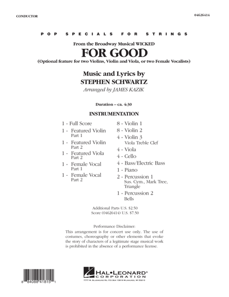 For Good (Duet Feature from Wicked) - Full Score