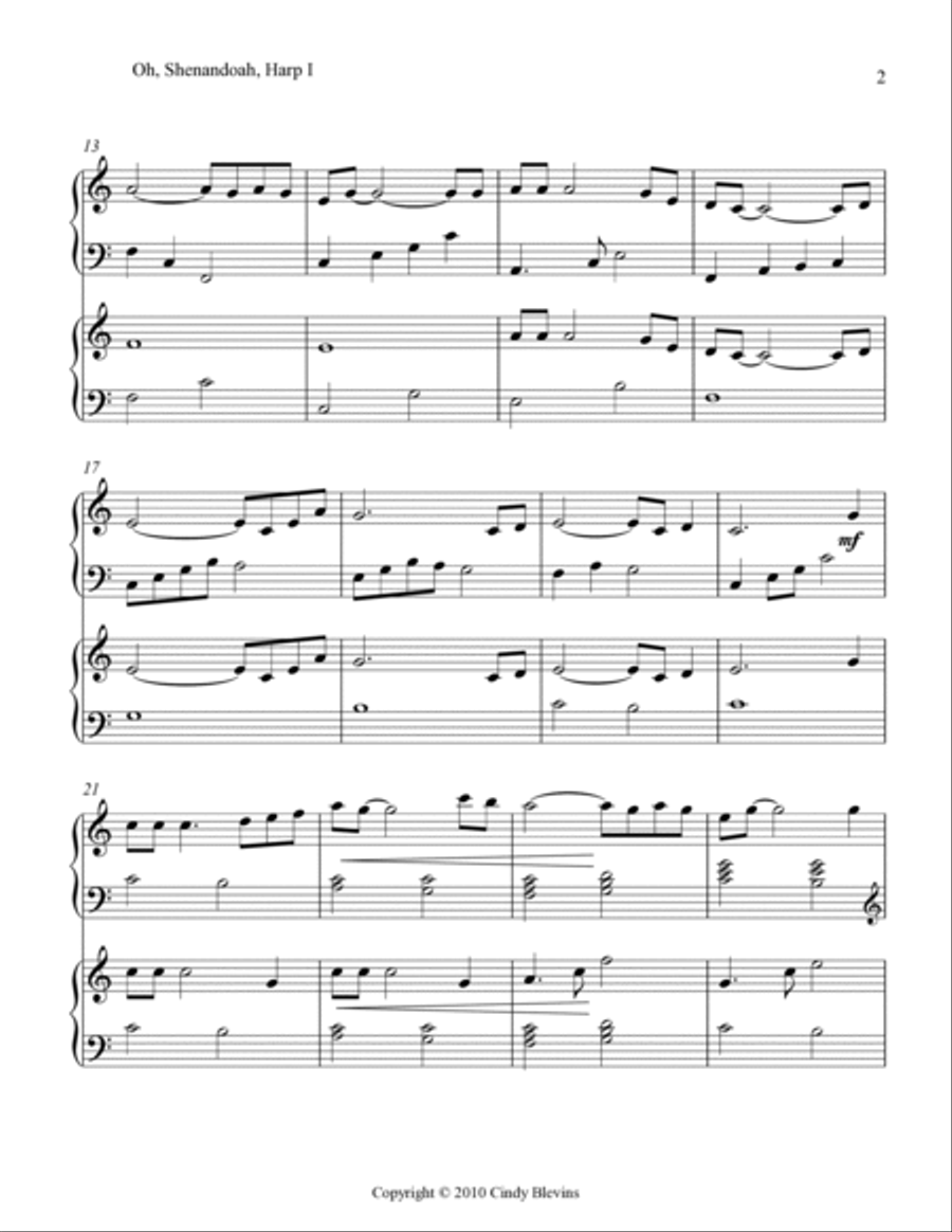 Oh, Shenandoah, for Harp Duet Harp scores gallery preview page 3
