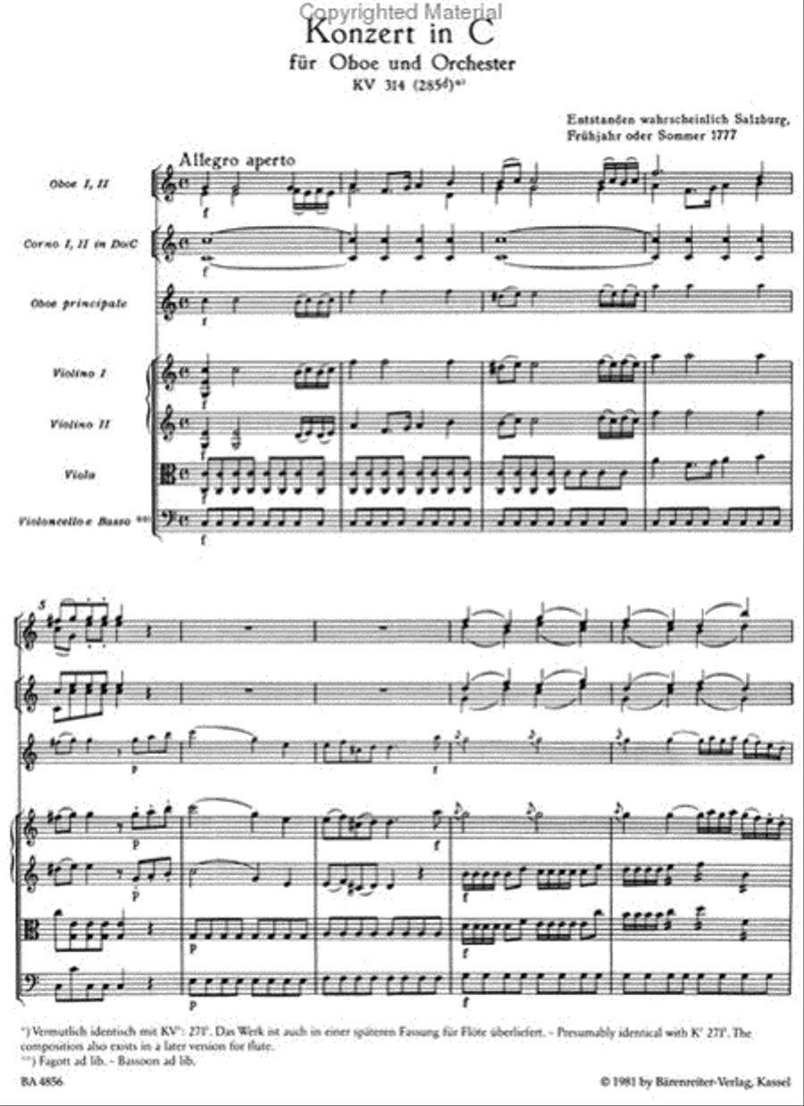 Concerto for Oboe and Orchestra C major, KV 314 (285d) Double Bass scores gallery preview page 2