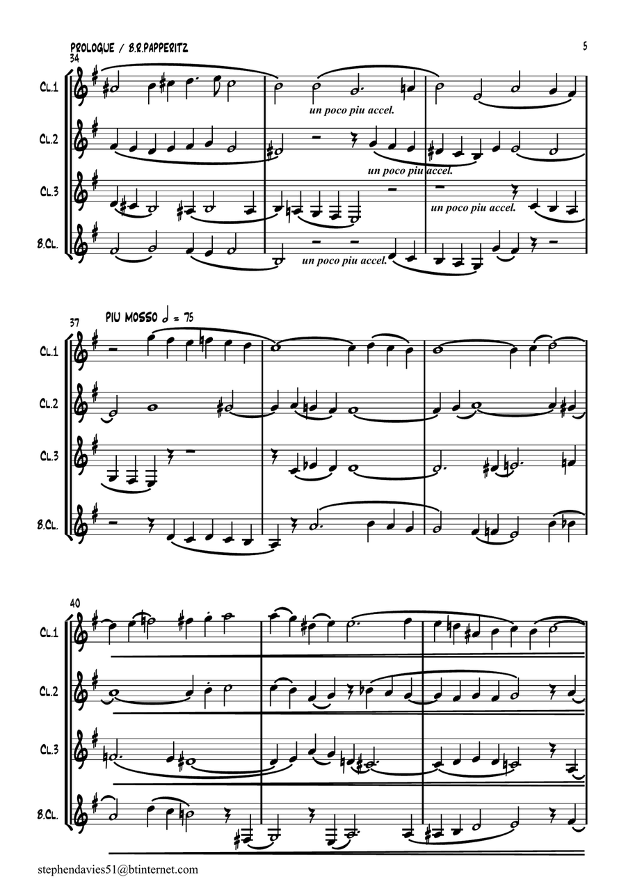 'Prologue' by Dr.Benjamin Robert Papperitz (1826-1903) for Clarinet Quartet. Clarinet Quartet scores gallery preview page 5