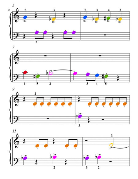 Hens and Roosters Carnival of the Animals Beginner Piano Sheet Music with Colored Notation