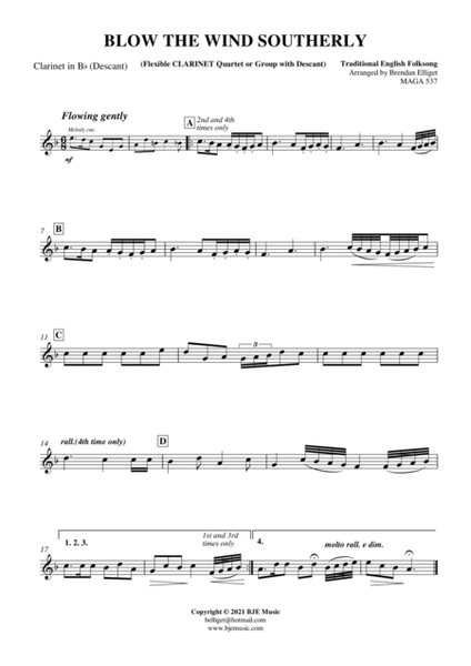 Blow The Wind Southerly - Flexible Clarinet Quartet (with Descant) Score and Parts PDF image number null