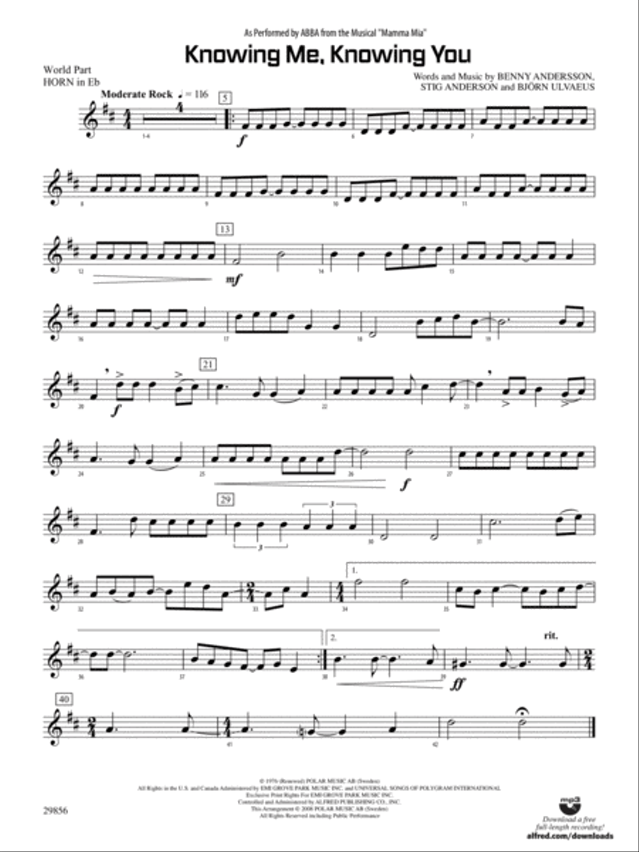 Knowing Me, Knowing You (As performed by ABBA from the musical Mamma Mia): (World Part) 1st Horn in E-flat Concert Band scores gallery preview page 1