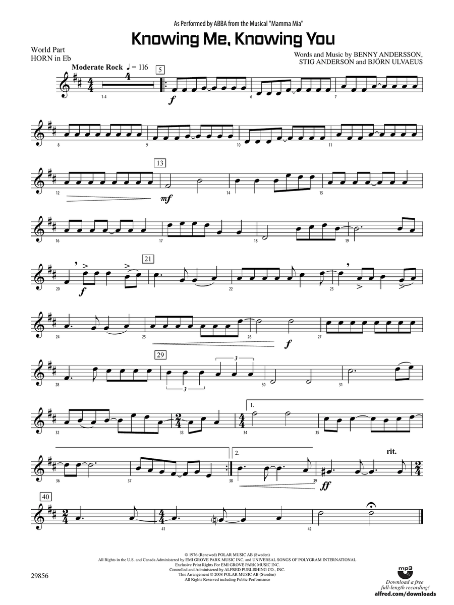 Knowing Me, Knowing You (As performed by ABBA from the musical Mamma Mia): (World Part) 1st Horn in E-flat