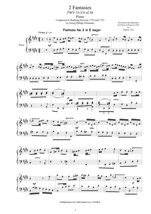 Book cover for Telemann - 2 Fantasies in (E major E minor) TWV 33 No.3-4 of 36 for Piano