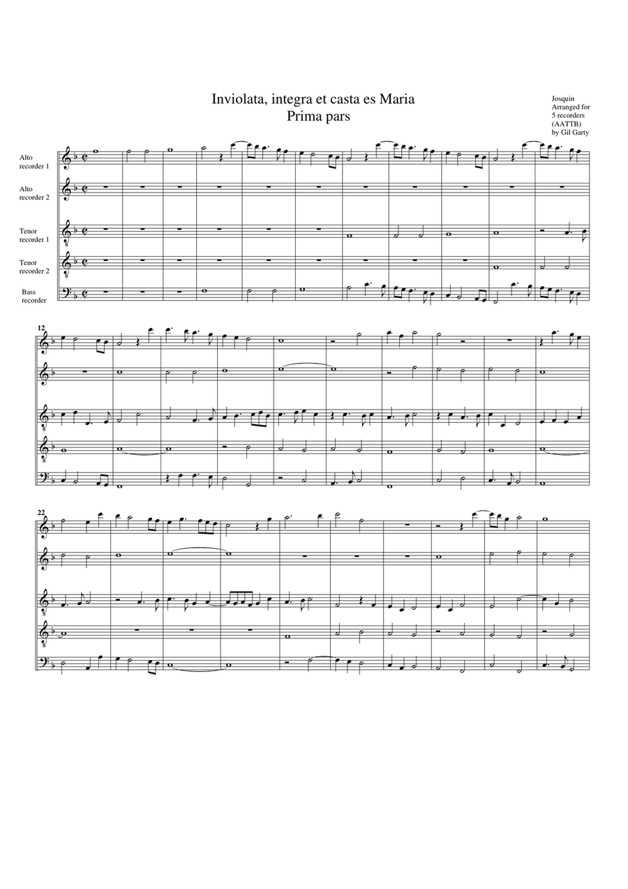 Inviolata, integra et casta es Maria (arrangement for 5 recorders) Recorder scores gallery preview page 1