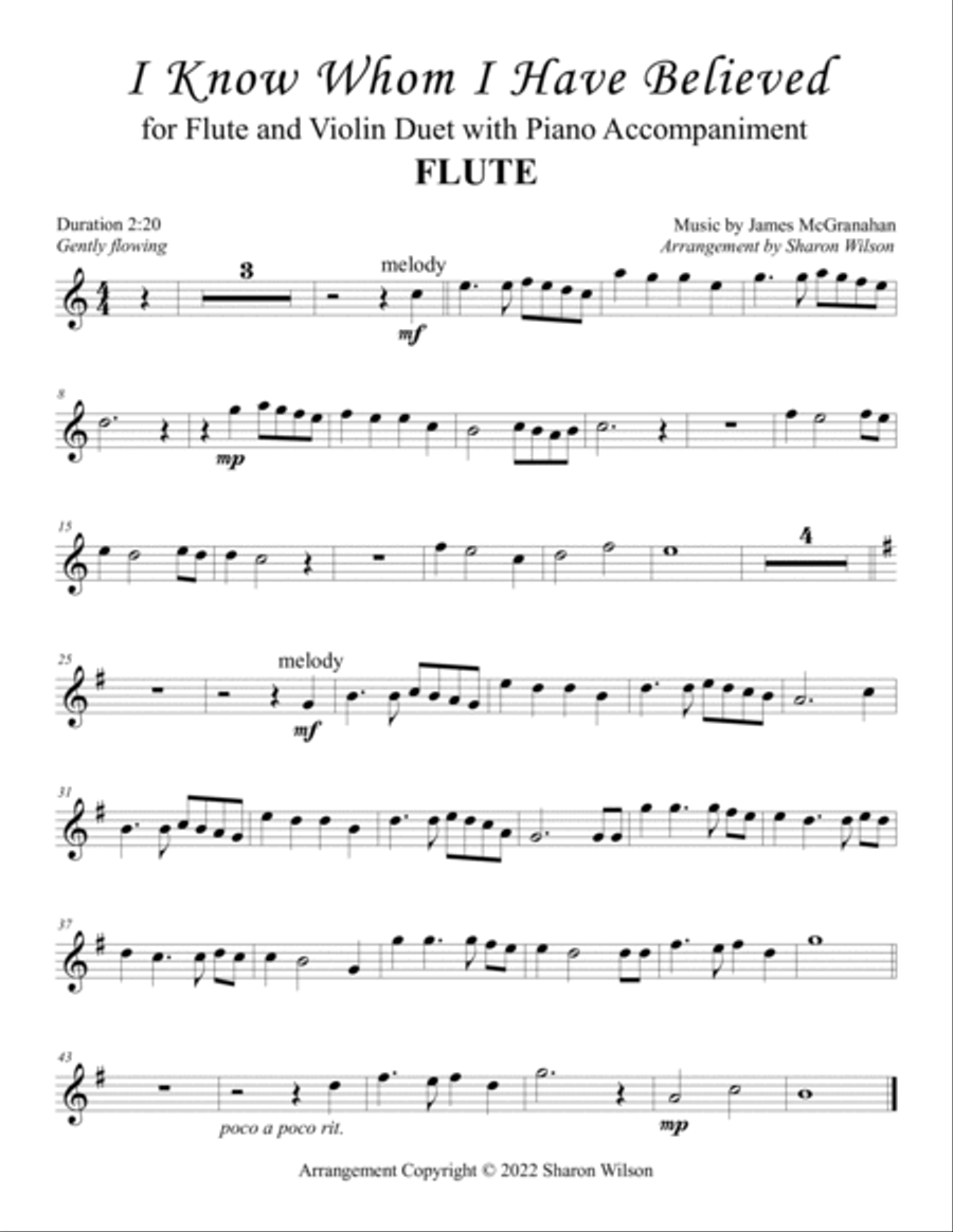 I Know Whom I Have Believed (for Flute and Violin Duet with Piano Accompaniment) Flute scores gallery preview page 3