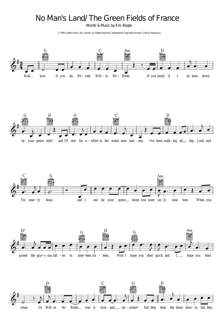 No Man's Land / The Green Fields Of France Piano scores gallery preview page 1