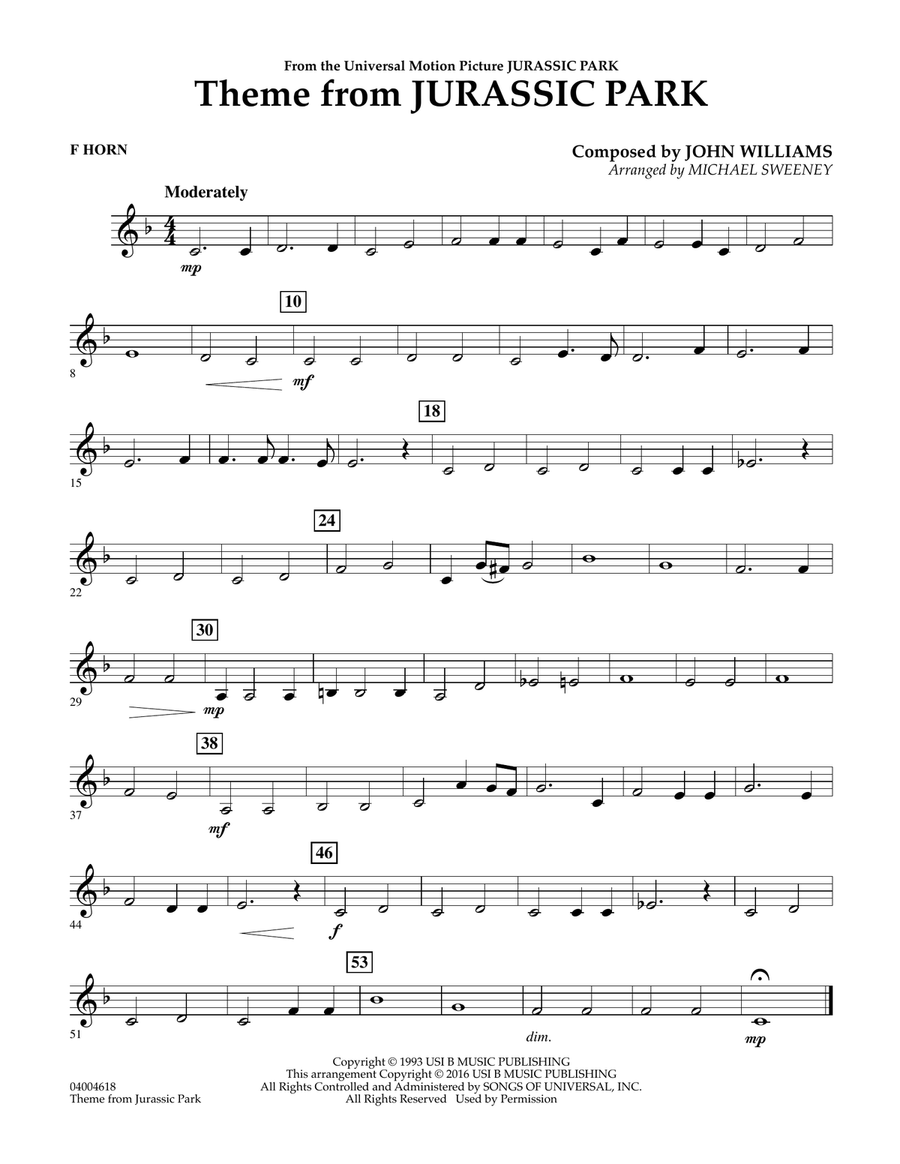 Theme from Jurassic Park - F Horn Horn scores gallery preview page 1