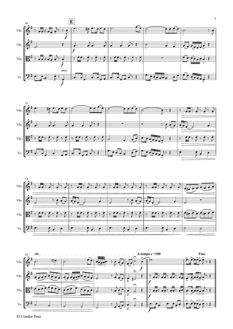 El Condor pasa - Peruvian Folk Song - String Quartet String Quartet scores gallery preview page 3