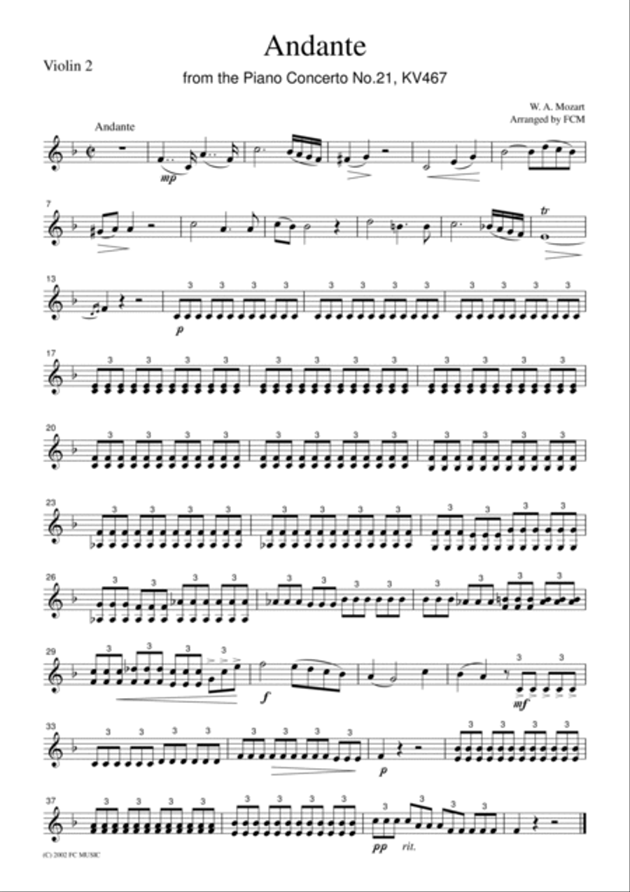 Mozart Andante from the Piano Concerto No.21, KV467, for string quartet, CM005 String Quartet scores gallery preview page 2