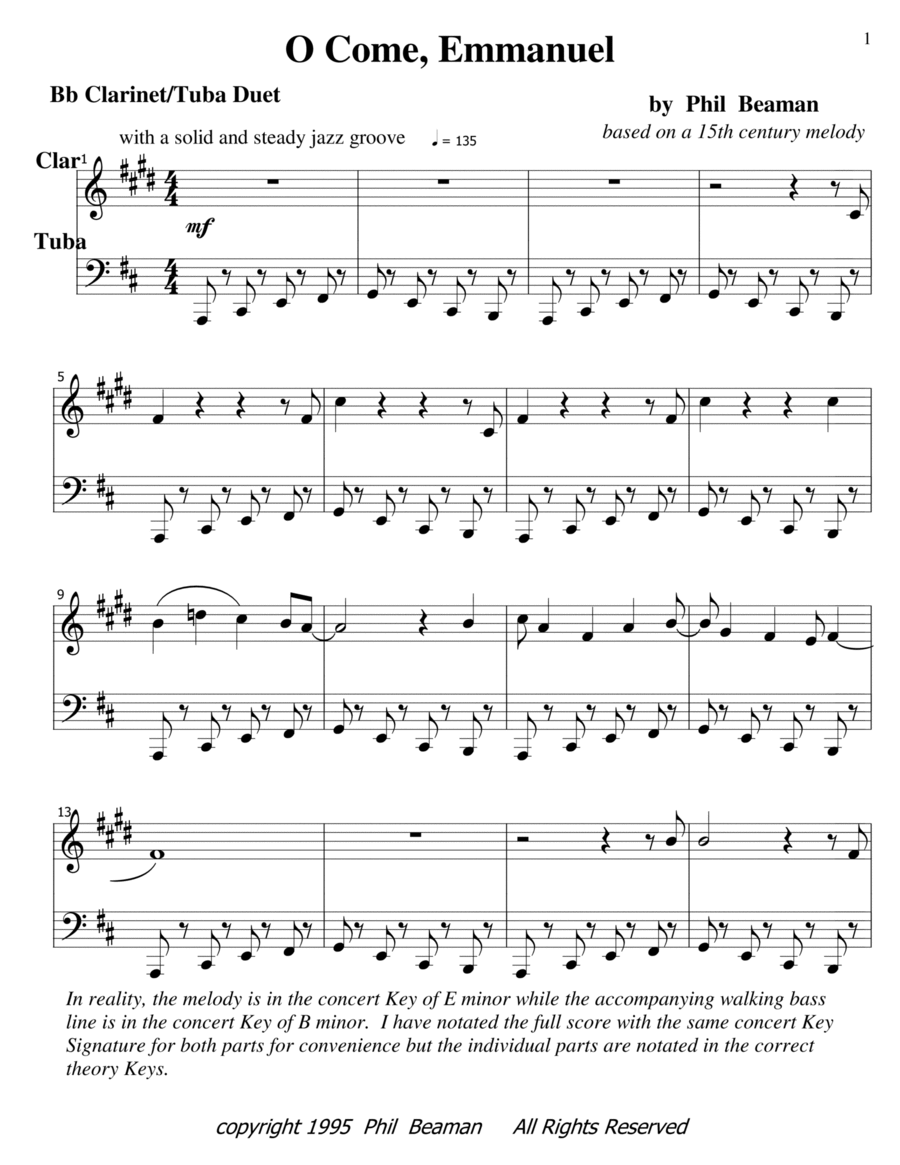 O Come, Emmanuel - jazz clarinet and tuba B-Flat Clarinet scores gallery preview page 1