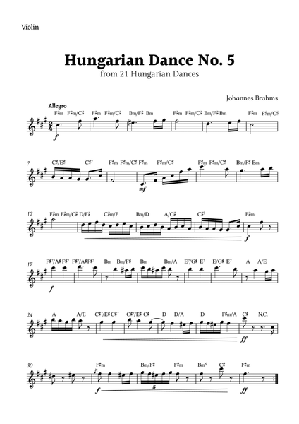 Hungarian Dance No. 5 by Brahms for Violin Solo with Chords image number null