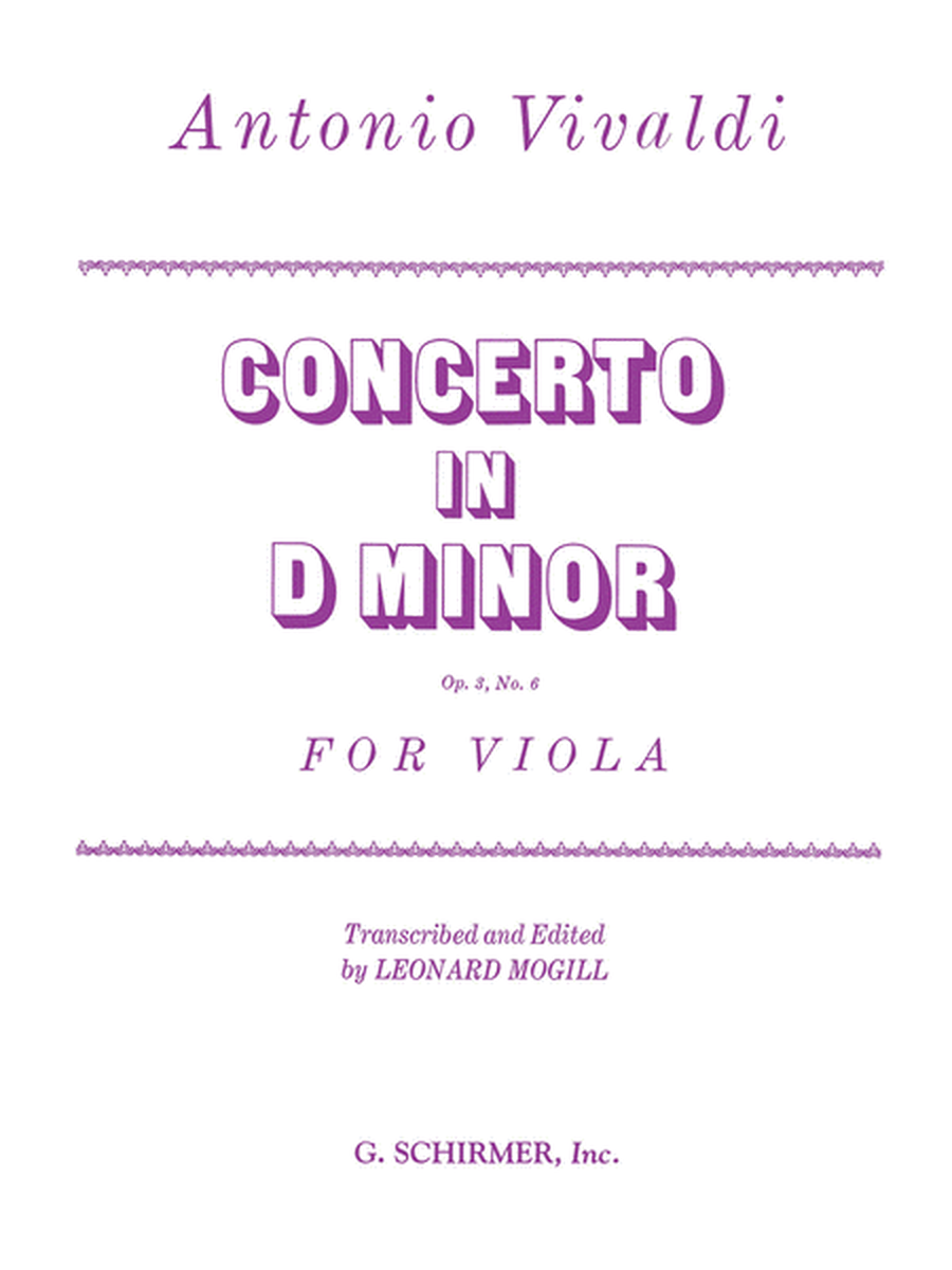 Viola Concerto In D Minor, Op. 3, No. 6 - Viola/Piano