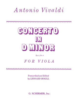 Viola Concerto In D Minor, Op. 3, No. 6 - Viola/Piano