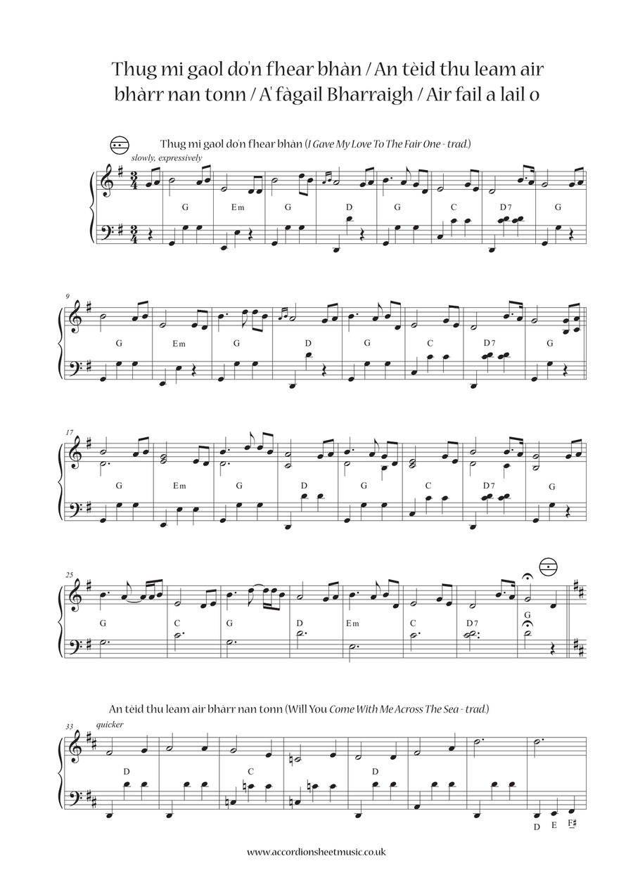 Thug mi gaol do'n fhear bhàn / An tèid thu leam air bhàrr nan tonn / A' fàgail Bharraigh / Air fa... Accordion scores gallery preview page 2