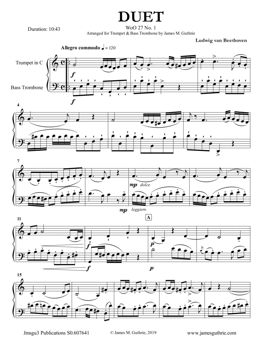 Beethoven: Duet WoO 27 No. 1 for Trumpet & Bass Trombone Brass Duet scores gallery preview page 1