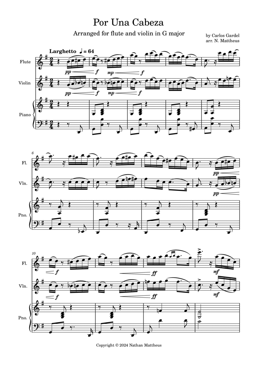 Por Una Cabeza by Carlos Gardel for Flute&Violin Duet Flute scores gallery preview page 1