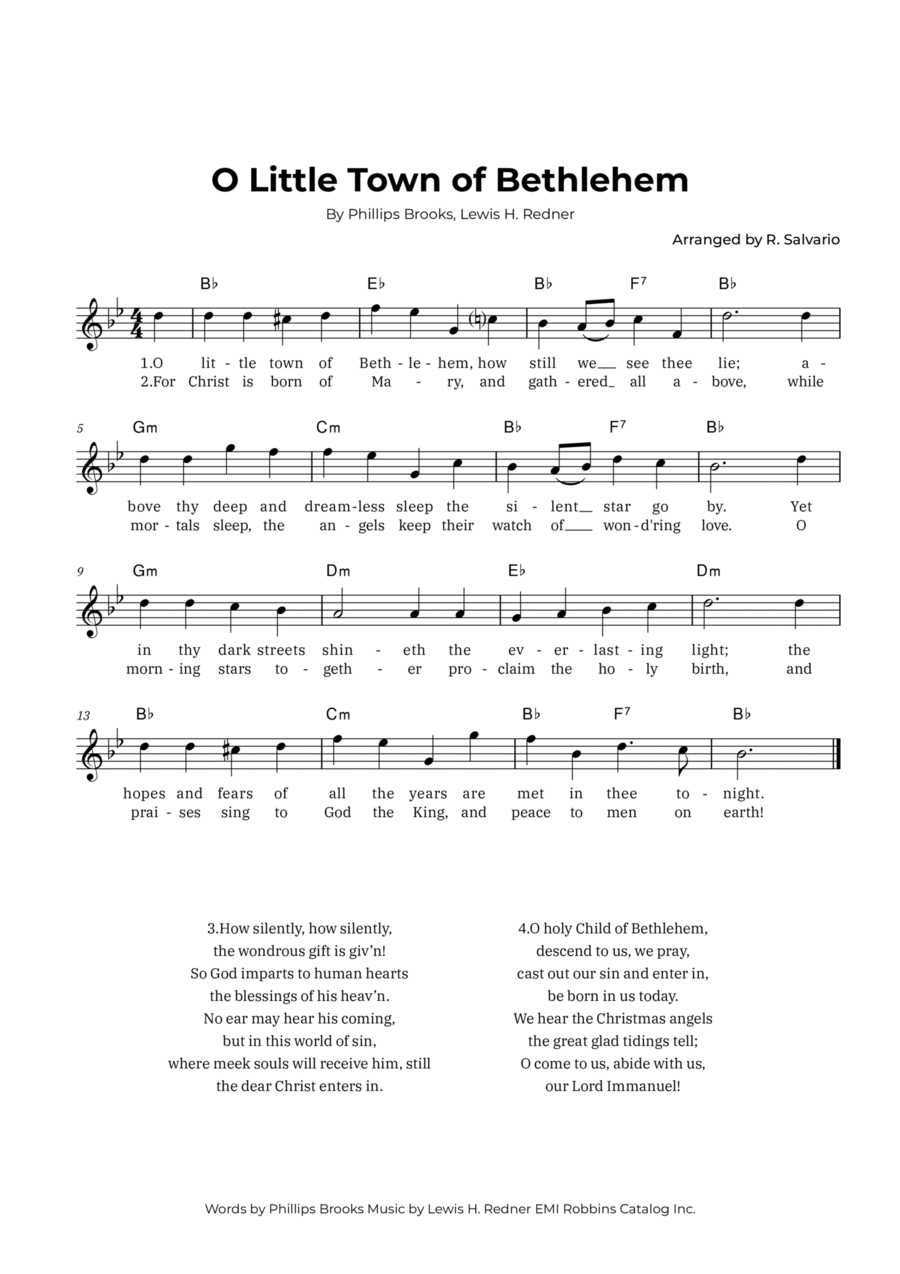 O Little Town of Bethlehem (Key of B-Flat Major) Easy Piano scores gallery preview page 1