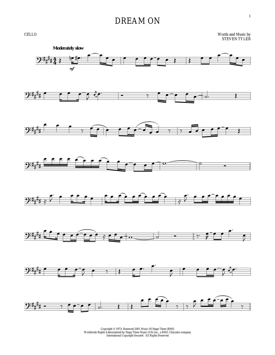 Dream On Cello Solo scores gallery preview page 1