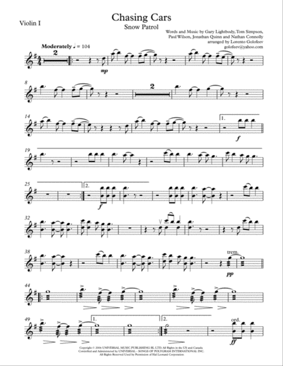 Chasing Cars String Quartet scores gallery preview page 1