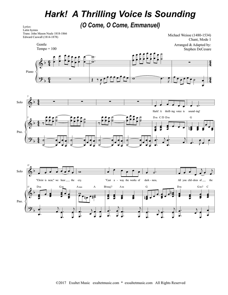 Hark! A Thrilling Voice Is Sounding / O Come, O Come, Emmanuel (Vocal solo and SATB) 4-Part scores gallery preview page 2