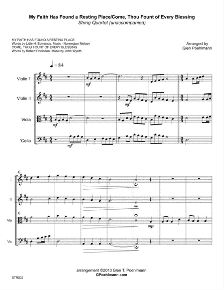 MY FAITH HAS FOUND/COME THOU FOUNT - STRING QUARTET (unaccompanied) A Cappella scores gallery preview page 1